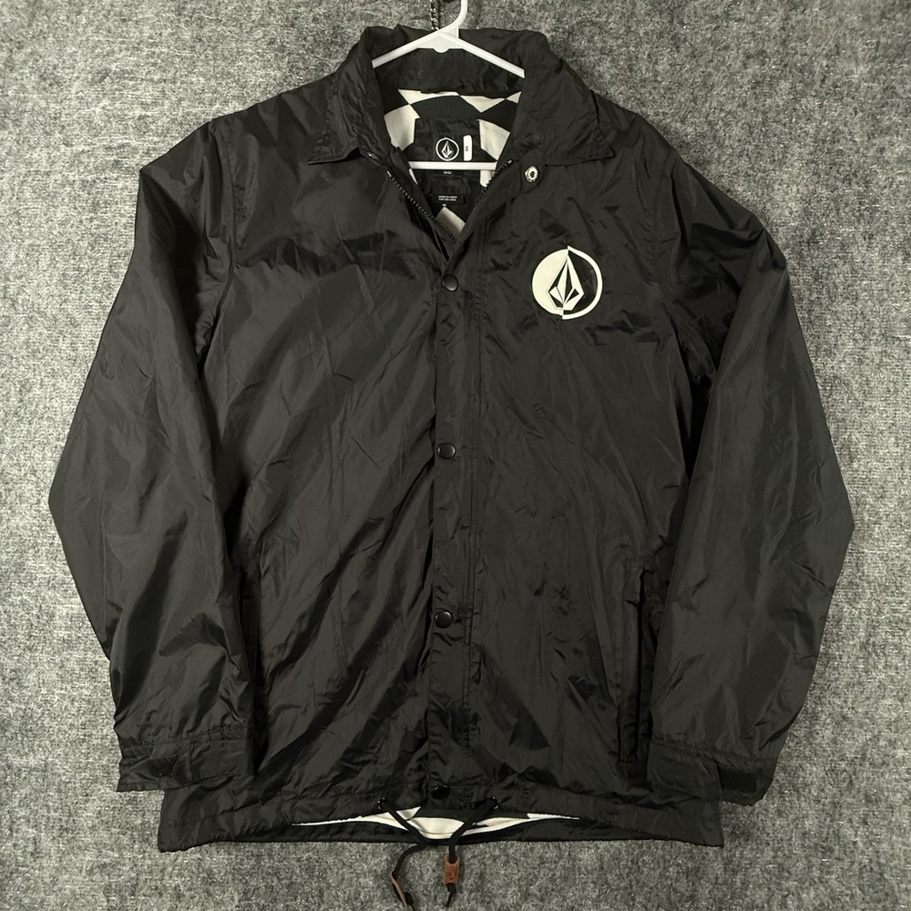 Volcom Men's M Black Coach Jacket Stone Logo Geometric Lined Snap Zip Skate
